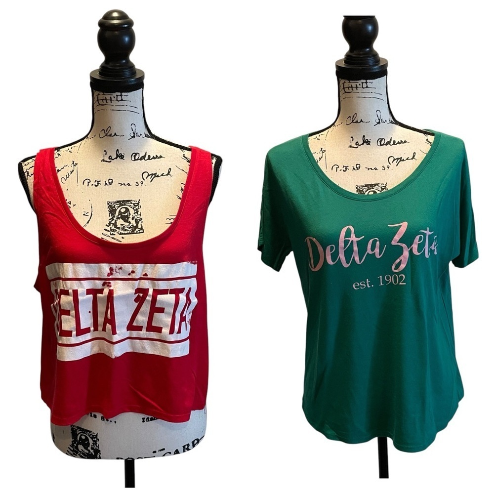 Delta Zeta Sorority Bundle Set of 2 Tank Top T-Shirt Red Green Size Medium logo